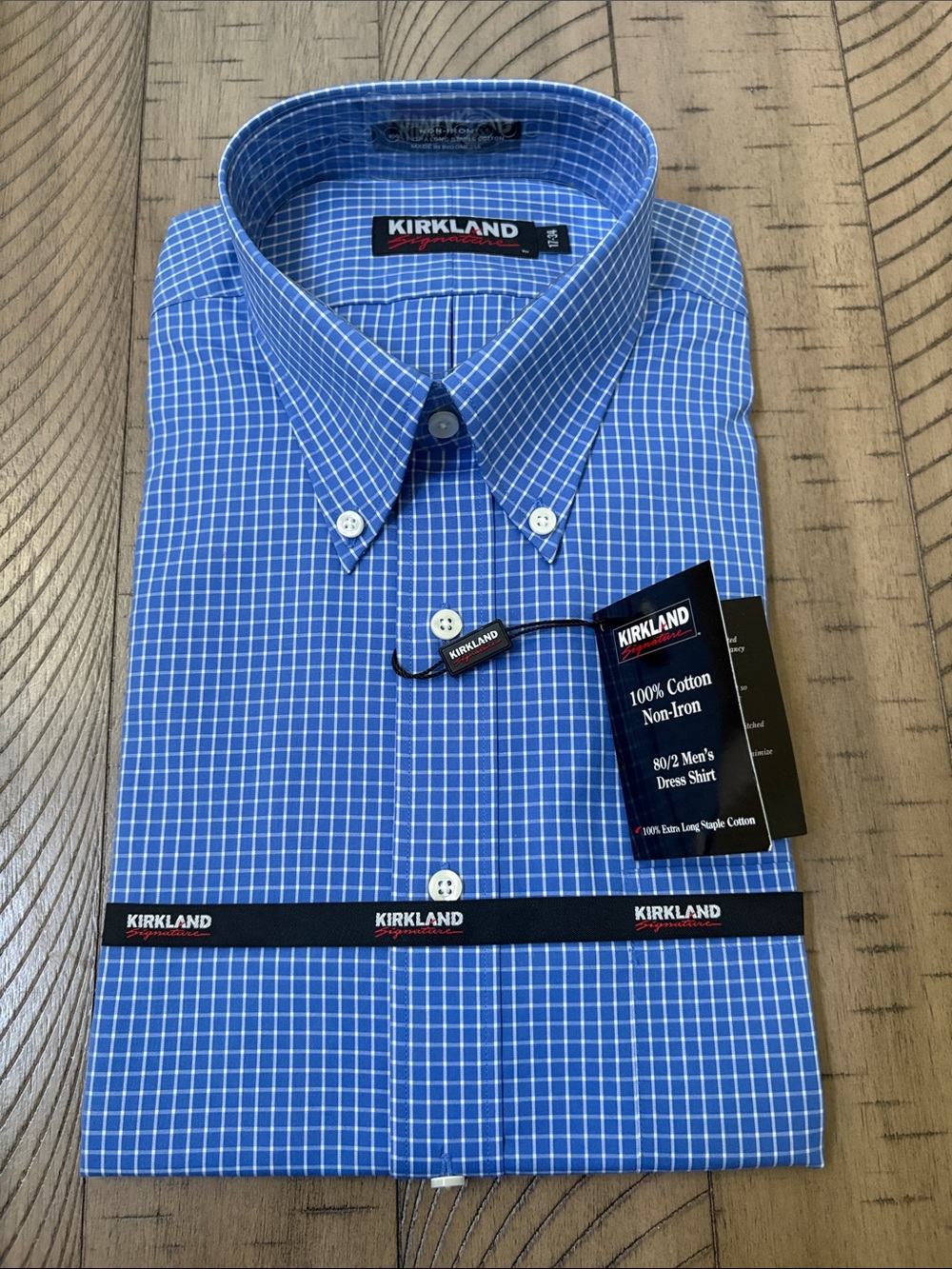 Kirkland Signature Men's Blue Windowpane Button-Down Dress Shirt